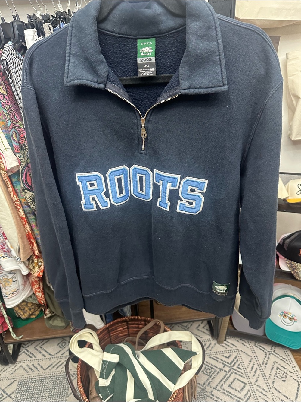 Roots Men's Navy Half-Zip Pullover with Blue Lettering